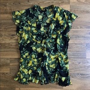 Escada Lemon Garden Silk Ruffle Blouse Button Up